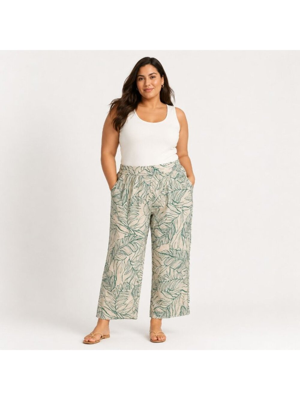 Rachel Zoe Womens LInen Crop Pants Wide Leg Pull on Green Floral Plus Size 1X